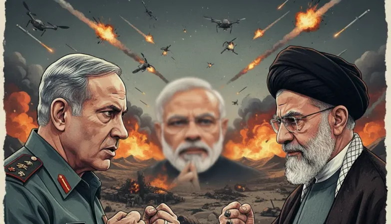 Iran, Israel, Strategic geopolitical map showing India's diplomatic position amidst global conflicts and regional radicalism.